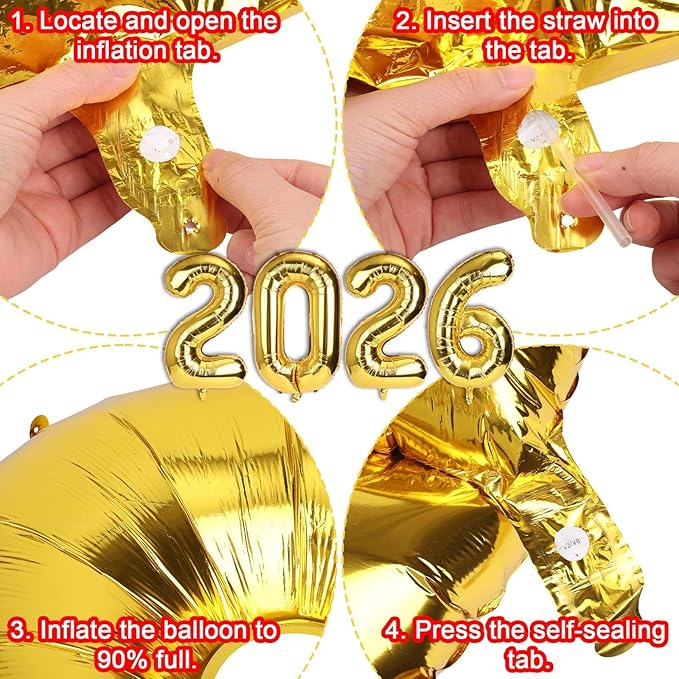 2026 Balloon, 41in Gold 2026 Aluminum Film Balloon with Straw and Ribbon New Years Party Decoration for Graduations Birthday Christmas New Years Eve Party Supplies