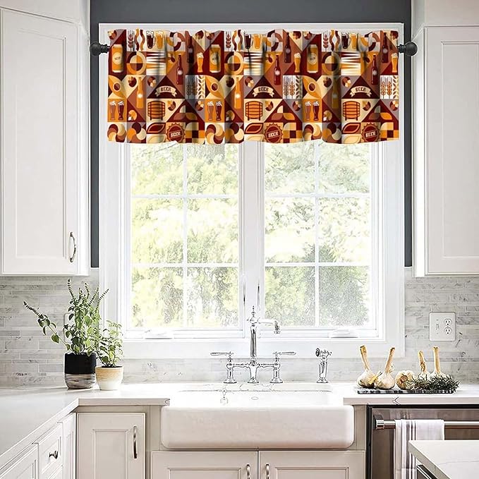 Modern Beer Kitchen Valance, Brown Geometric Beer Drink Print Short Window Treatment for Dining Living Room Bedroom Pub Home Bar, 54x18Inch