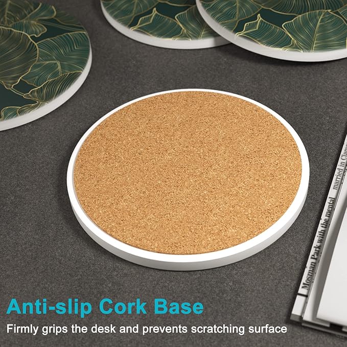 Nipichsha Coasters for Drinks, Set of 6 Cute Absorbent Ceramic Drink Coasters for Cup with Holder and Cork Base, Kitchen Home Decor Housewarming Gift, Round 4 in, Tropical Leaves