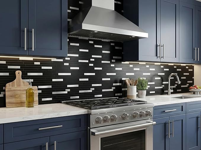 Yipscazo 5 Sheets Peel and Stick Stone Metal Tile Backsplash, Stick on Tiles for Backsplash Kitchen, Bathroom, Laundry Room, Camper, Fireplace (12'' X 12'', Polished Pure Black)