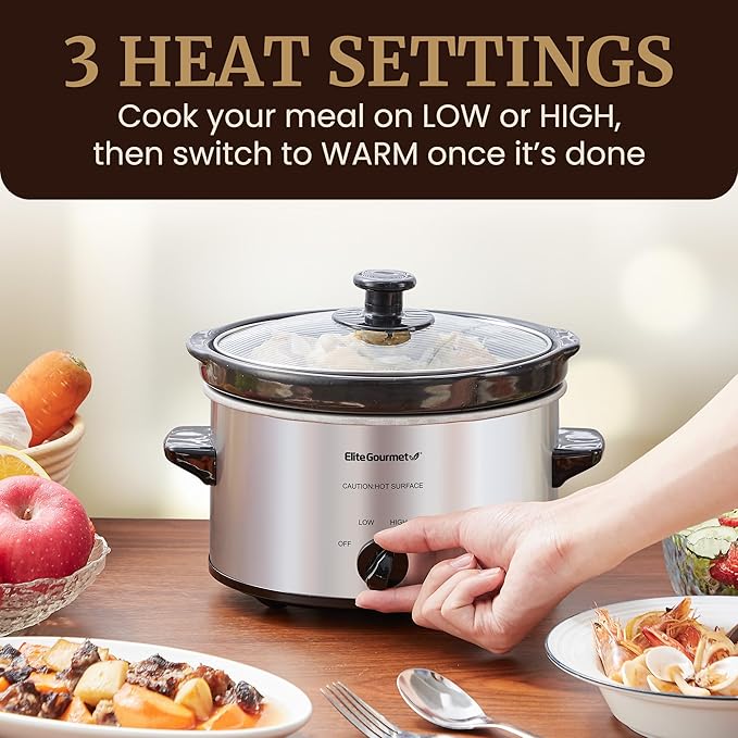 Elite Gourmet MST-275XS Electric Oval Slow Cooker, Adjustable Temp, Entrees, Sauces, Stews & Dips, Dishwasher Safe Glass Lid & Crock (2 Quart, Stainless Steel)