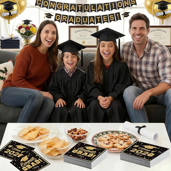 50 Pcs Graduation Napkins Decorations - Black Gold Class of 2026 Congrats GRAD 3-Ply Paper Cocktail Dinner Napkins Set for 2026 Graduation Party Supplies Table Decor Favors, 6.5 x 6.5 Inch