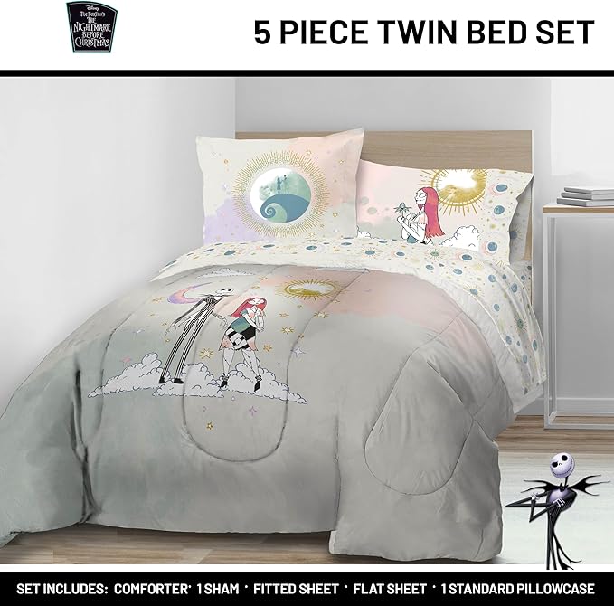 Disney Nightmare Before Christmas Twin Size Comforter Set - 5 Piece Jack and Sally Bedding Includes Sheet Set & Pillow Covers - Super Soft Ombre Bedding