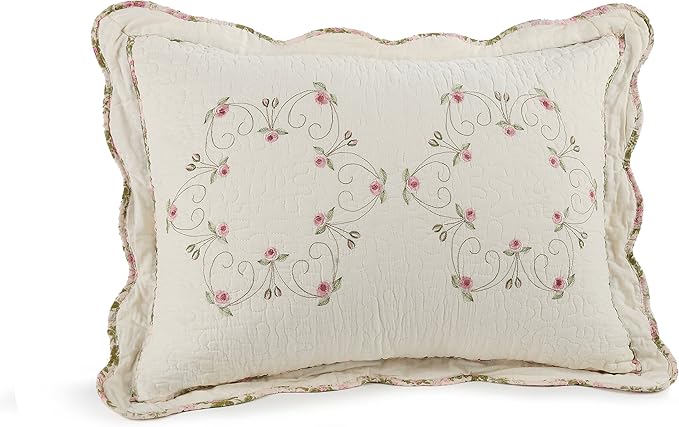 Modern Heirloom Felisa Floral Embroidered Quilted Single Pillow Sham, Lightweight All Seasons Bedding, King Sham, Pink/Ivory