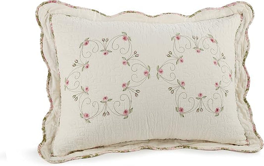 Modern Heirloom Felisa Floral Embroidered Quilted Single Pillow Sham, Lightweight All Seasons Bedding, King Sham, Pink/Ivory