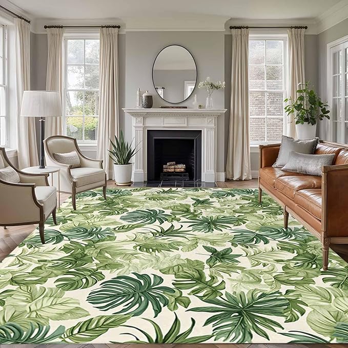 Area Rug 6x9ft, Green Palm Leaf Watercolor Washable Rugs for Living Room Bedroom, Summer Tropical Leaves Soft Non-Slip Area Rugs Rectangle Floor Carpet for Dining Room
