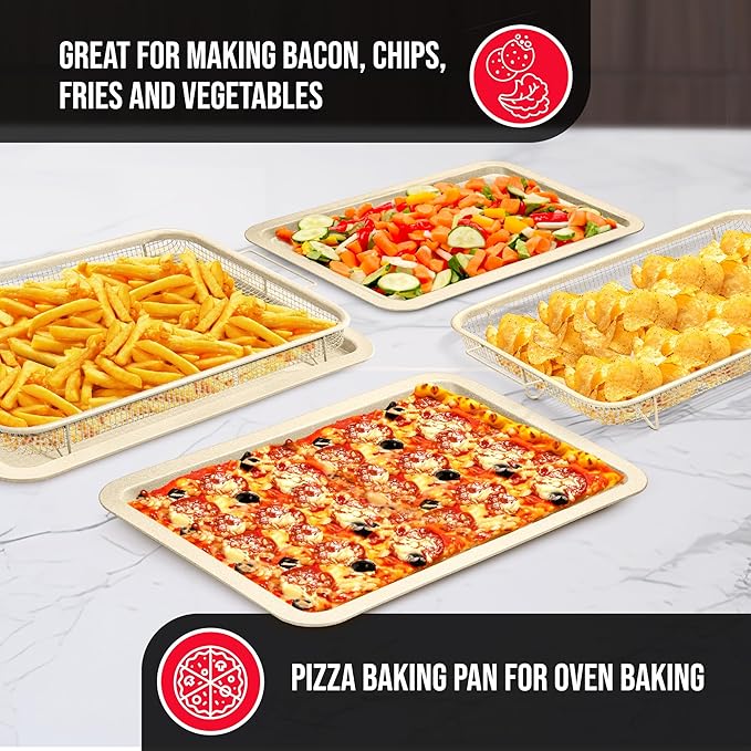 Bakken Swiss Crisper Tray - 2-Piece Set – White Marble, Non-Stick Basket Design for Healthier Cooking in Regular Ovens - Achieve Perfectly Crispy Chips, Bacon and More