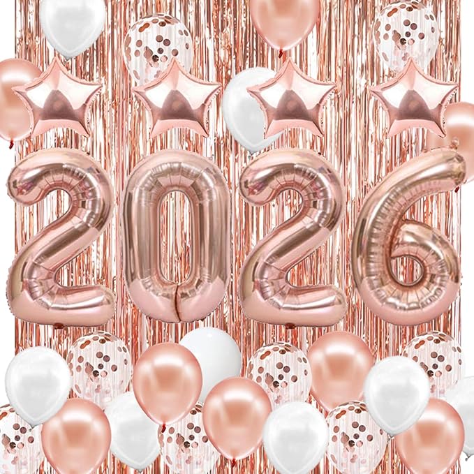JOJO FLY New Years Eve Party Decorations Kit, Rose Gold 2026 Balloons, Rose Gold and White Balloons Set, Foil Curtain, Graduation Decorations, New Years Eve Party Supplies 2026