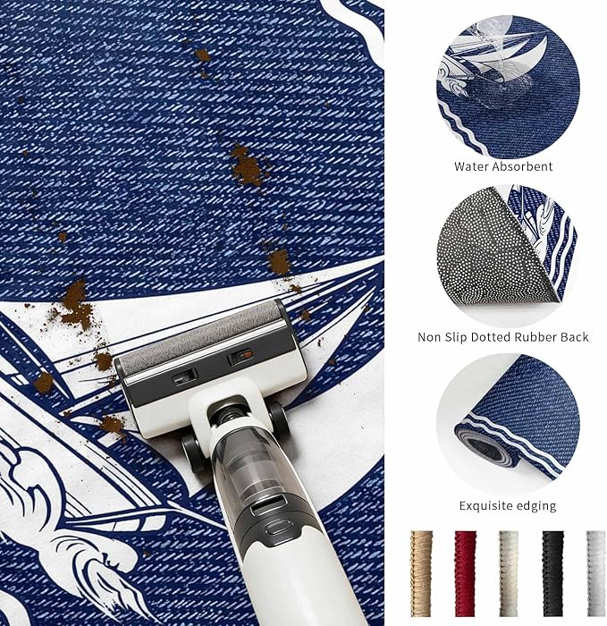 Washable Round Area Rug Nautical Sailing Boat on Steel Blue Circle Rugs Floor Carpet for Living Room Bedroom, Vintage Water Waves Soft Non Slip Round Rug 5ft