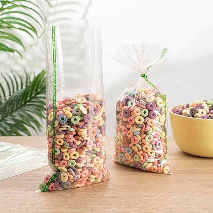 Restaurantware Candy Bags 100 Pcs 14" x 7" Heat-Sealable Clear Plastic Bags Greaseproof Home Compostable Freezer-Ready No-Flap Treat Carriers for Candies, Cookies, Bakery, Party Favours