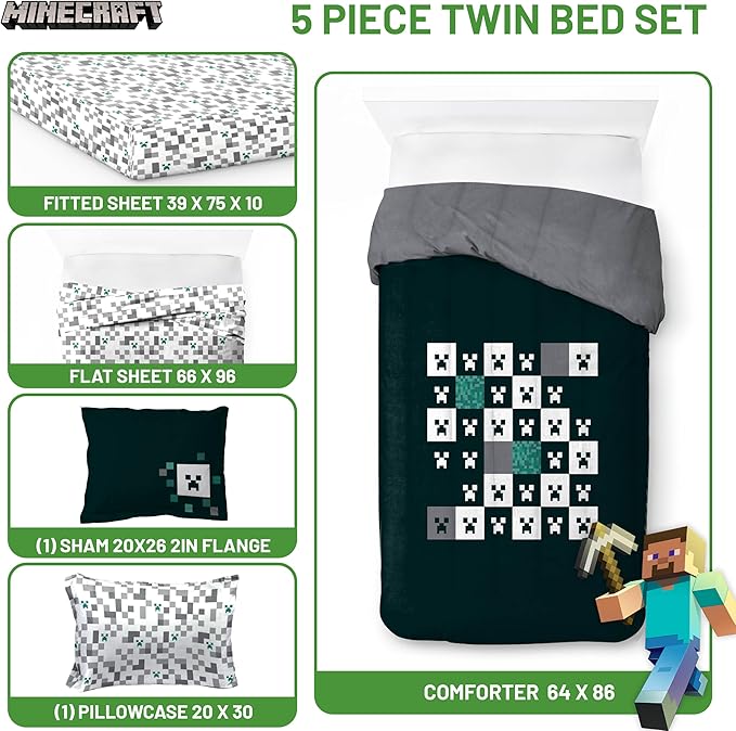 Jay Franco Minecraft Creeper Twin Comforter Set - 5 Piece Gamer Bedding Includes Sheet Set & Pillow Covers - Super Soft Checkered Bedding
