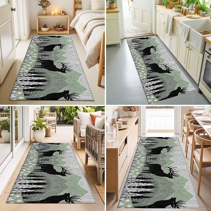 Runner Rug for Bedroom Hallway, Black Wildlife Elk Kitchen Runner Rugs Area Rug 2x6ft, Bohemian Green Mountain Peaks Washable Soft Floor Carpet for Entryway Stair