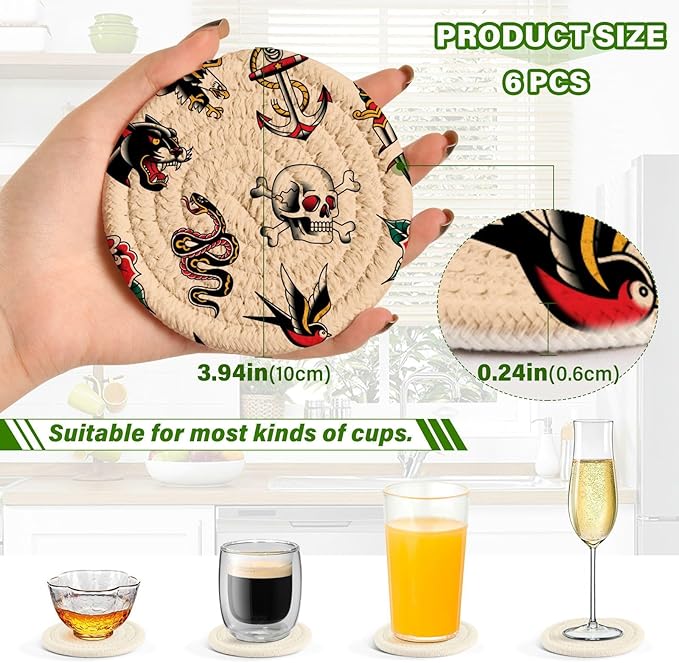 YETTASBIN Old School Tattoo 6 Pcs Drink Coasters with Holder, Cotton Woven Absorbent Heat-Resistant Round Coaster Non-Slip Table Mat for Kitchen Bar Home Decor Housewarming Gift, 3.9 in