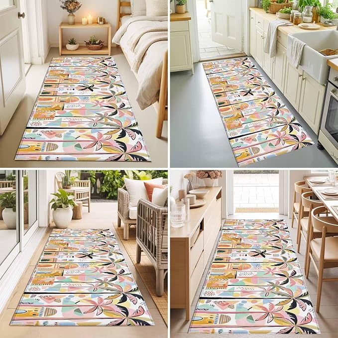 Runner Rug for Bedroom Hallway, Boho Summer Artistic Palm Trees Kitchen Runner Rugs Area Rug 2x6ft, Abstract Buildings Washable Soft Floor Carpet for Entryway Stair