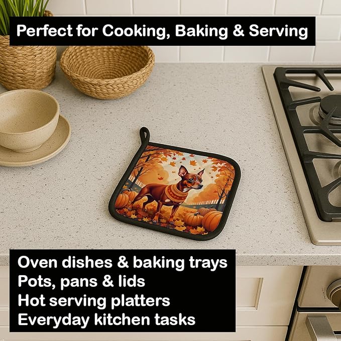 Caroline's Treasures DAC1058PTHD Red Miniature Pinscher Fall Pair of Pot Holders Kitchen Heat Resistant Pot Holders Sets Oven Hot Pads for Cooking Baking BBQ, 7 1/2 x 7 1/2
