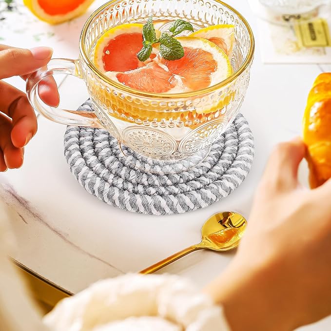 UKCOCO Bohemian Style Cotton Rope Woven Cup Coasters Set 6pcs 11cm Absorbent Decorative Drink Mats with Storage Basket for Table Bar Use Random Color