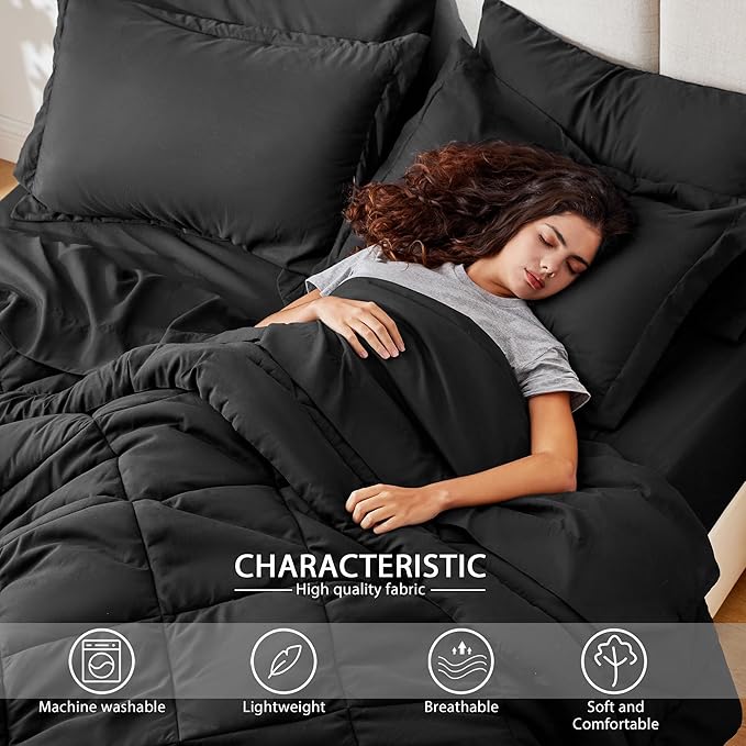 Love's cabin King Size Comforter Set Black, 7 Pieces King Bed in a Bag, All Season Bedding Sets with 1 Comforter, 1 Flat Sheet, 1 Fitted Sheet, 2 Pillowcase and 2 Pillow Sham | Soft, Breathable, Lightweight, Comfortable