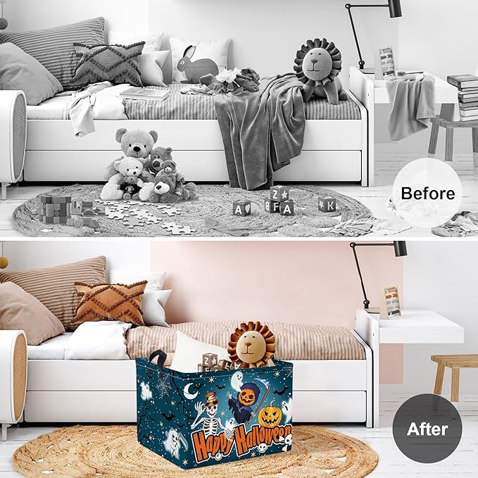 Clastyle Halloween Pumpkin Storage Basket Kid Spooky Book Gift Basket Empty Outdoor Graveyard Jack-o-lantern Boo Bin Baby Nursery Clothes Hamper Toy Box,Skeleton,40*30*30 cm