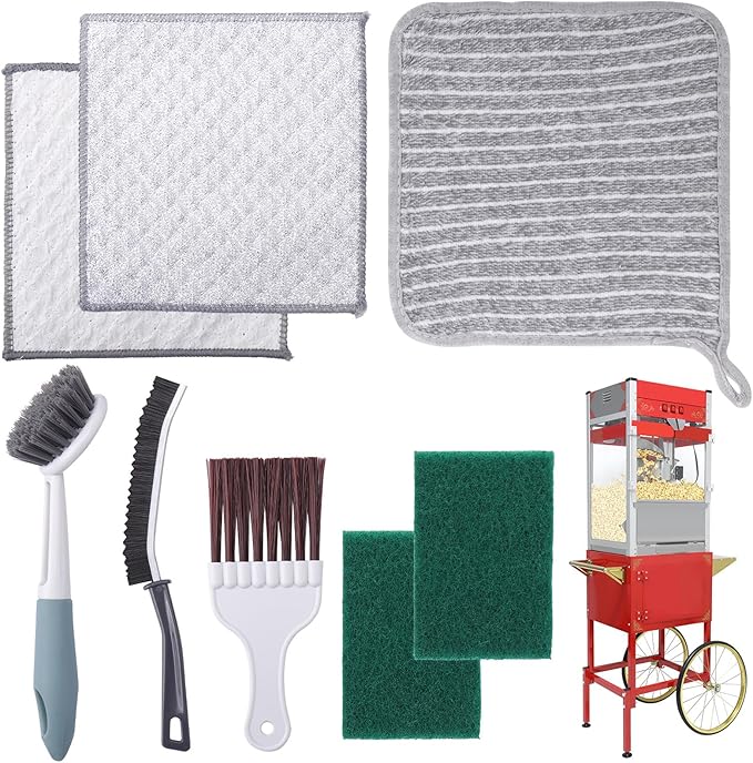 XANGNIER Popcorn Machine Cleaning Kit Accessories-8Pcs Multi-Functional Cleaner Set with Long-Handled Brush,Crevice Brush & Oil-Absorbing Cloth for Deep Clean of Popcorn Popper,Hot Pot & Glass Door