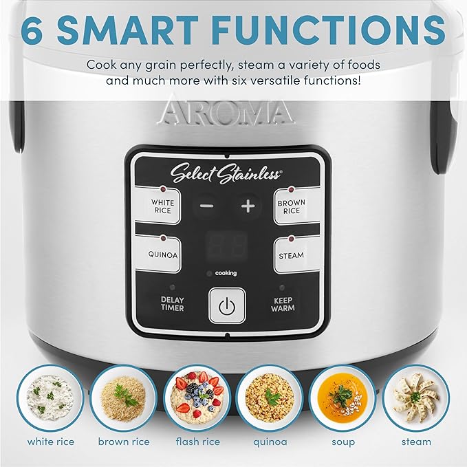 AROMA® Select Stainless® Rice Cooker, 4-Cup (Uncooked) / 8-Cup (Cooked), 2 Qt, Stainless Steel Inner Pot, Multicooker, Steamer, Stainless Steel, ARC-914SBDS