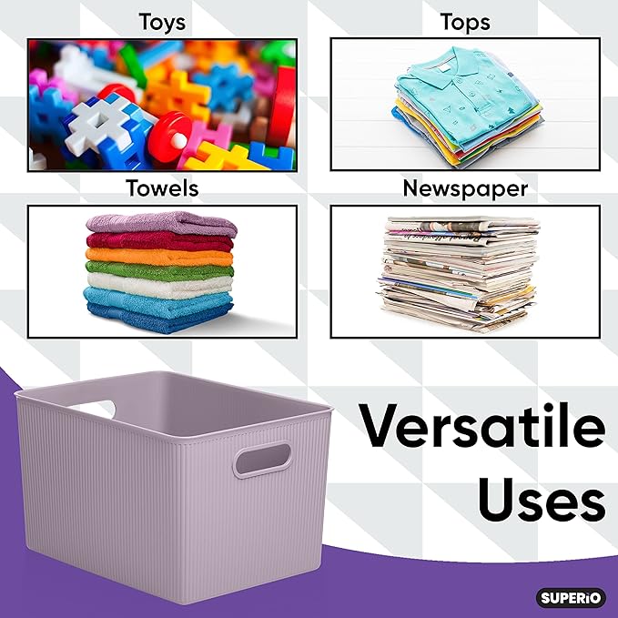 Superio Ribbed Collection - Decorative Plastic Basket Open Home Storage Bins Organizer, X-Large Lilac Purple (1 Pack) Container Boxes for Organizing Closet Storage Bins for Shelves 22 Liter/23 Quart
