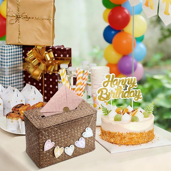 Hipiwe Wedding Card Basket Box Handwoven Wedding Favors Post Boxes with Lid Seagrass Receiving Box Wedding Card Boxes for Birthdays Graduation Ceremonies Party, Coffee Color