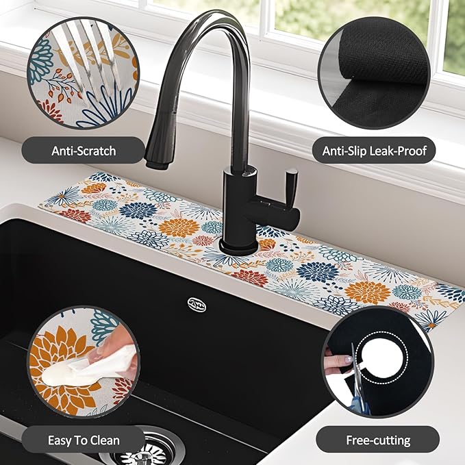 24" X 5.5" Kitchen Sink Splash Guard Faucet Mat Mandala Super Absorbent Fast Drying Faucet Guard & Draining Mat Sink Splash Guard Behind Faucet for Kitchen, Bathroom