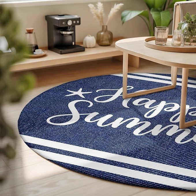 Washable Round Area Rug Happy Summer Quote Ocean Starfish Circle Rugs Floor Carpet for Living Room Bedroom, Navy Blue Stripe Denim Texture Soft Non Slip Round Rug 3ft