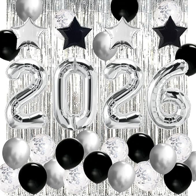 JOJO FLY New Years Eve Party Decorations Kit, Silver 2026 Balloons, Black and Silver Balloons Set, Silver Foil Curtain, Graduation Decorations, New Years Eve Party Supplies 2026