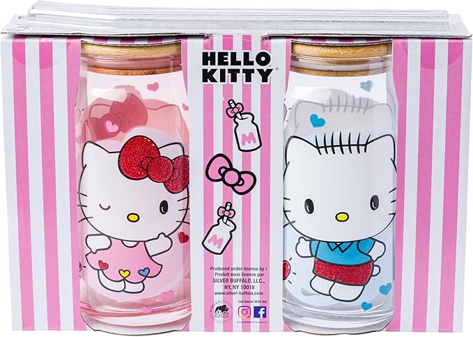 Silver Buffalo Sanrio Hello Kitty and Friends Glitter 2 Pack Glass Tumbler with Bamboo Lid and Glass Straw Set Featuring Hello Kitty and Dear Daniel, 16 Ounces