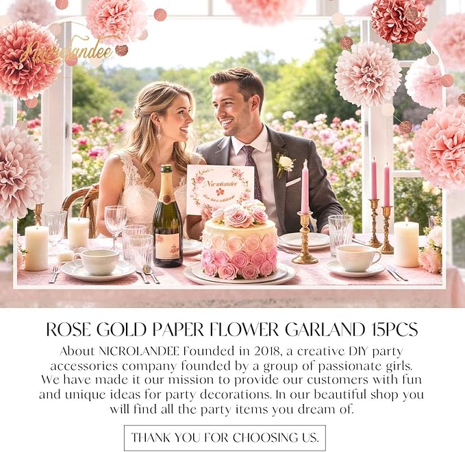 NICROLANDEE Rose Gold Wedding Decorations - 15 PCS Tissue Paper Pom Poms for Engagement Party Wedding Birthday Bridal Shower Bachelorette Dot Paper Garlands Rose Gold Valentines Party Backdrop Decor