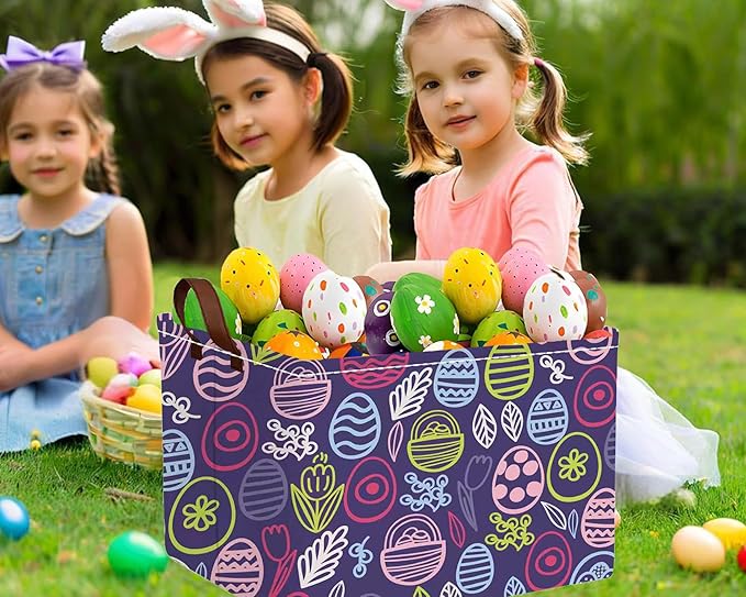 Large Rectangular Easter Baskets Empty Waterproof Boy Toy Box Foldable Kid's Gifts Storage Bin Spring Room Decor(Purple Striped Egg)