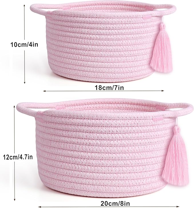 Small Cute Empty Gift Basket - Little Woven Rope Baskets for Girl, Baby Shower Gifting, Makeup, Desk，Valentines，Bathroom- Decorative Vanity Organizer Bins - 2 Pack, Pre-Shaped, Pastel Pink