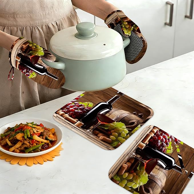 Vintage Glasses Wine Grapes Oven Mitts and Pot Holders Set of 4,Heat Resistant Non Slip Kitchen Gloves Hot Pads,Chef Cooking Baking Gifts for Women Bakers,Kitchen for Cooking Lover Cooks