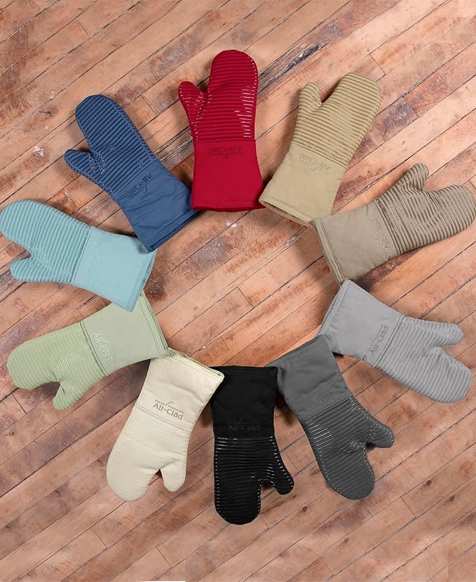 All-Clad Silicone Oven Mitts: Heat Resistant up to 500 Degrees - 100% Cotton & Silicone, 14"x7" Oven Mitt for Kitchen and Barbeque, 2-Pack, Titanium