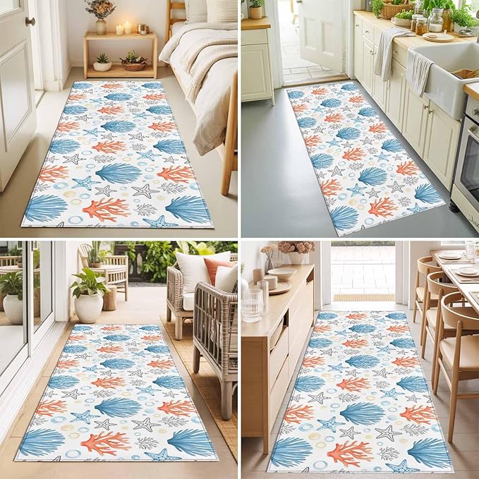 Runner Rug for Bedroom Hallway, Coastal Starfish Shell Coral Kitchen Runner Rugs Area Rug 2x6ft, Ocean Bubble Blue Black Orange Washable Soft Floor Carpet for Entryway Stair