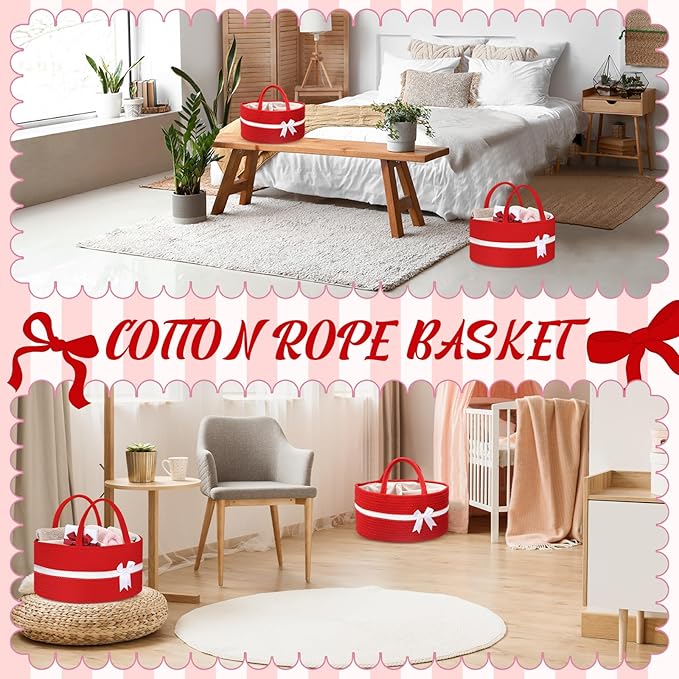 Yinkin 1 Pcs Extra Large Cotton Rope Storage Basket with Handles and Removable Divider Woven Gift Baskets with Bow for Closet Bedroom Nursery Toys Organizing, 14.17 x 8.66 x 7.09 Inch(Red and White)