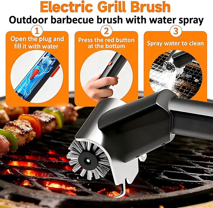 Electric Grill Brush with Water Spray & LED Light, 2600mAh Rechargeable BBQ Cleaner with 2 Speed Modes, 100 Mins Runtime, 304 Stainless Steel Heat Resistant Grill Brush for Outdoor Camping