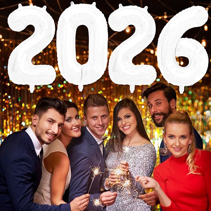 2026 Balloons New Years Eve Party Supplies - 40" Large White Foil Number Balloon New Years Decorations Graduation Balloons Class of 2026 Happy New Year Birthday Anniversary Graduation Decorations