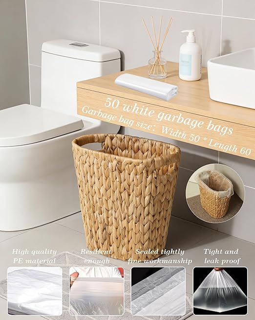 2 Pack Handwoven Water Hyacinth Trash Can - Natural Wicker Waste Basket with Wooden Handles, Slim Oval Design for Bathroom, Bedroom, Office (13"x7.5"x12") | Eco-Friendly & Space-Saving Storage Bin (2)