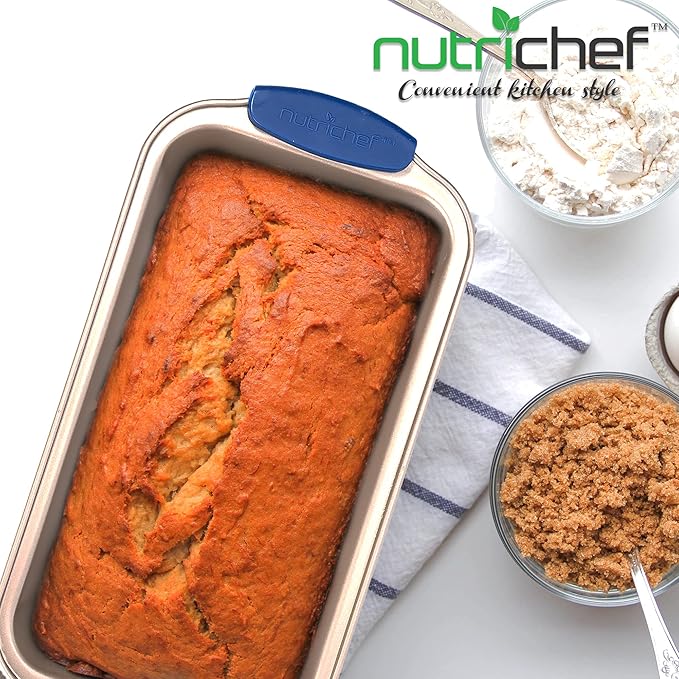 Non Stick Loaf Baking Pan, Deluxe Gold Carbon Steel Pan with Blue Silicone Handles, Quality Metal Bakeware For Cooking & Baking Cake Loaf, Muffins & More, Compatible with Model NCSBSG36