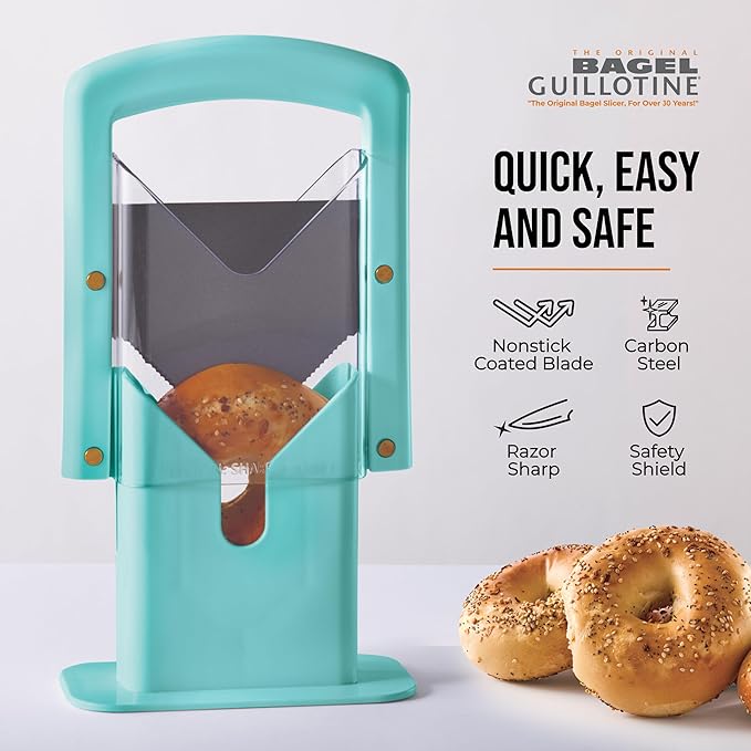 Hoan Bagel Guillotine Universal Slicer with Built In Safety Shield to Protect Fingers. Perfect for Smoothly Slicing Bagels, Buns, Muffins and More, Non Stick. 9.25 inch, Aqua Sky