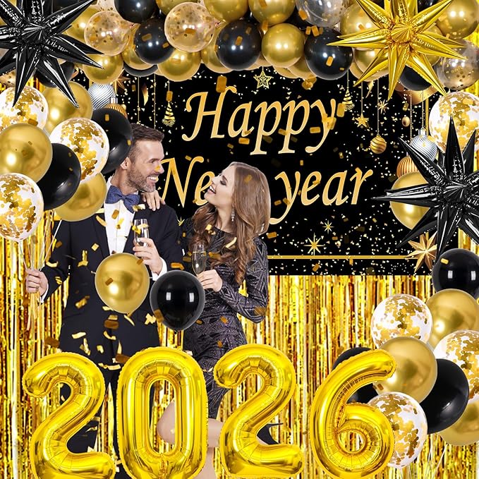 Happy New Year Decorations 2026, New Years Eve Party Supplies 2026 Black and Gold Happy New Year Banner Backdrop New Years Eve Decorations Tablecloth Foil 2026 Balloons for NYE Party Decor