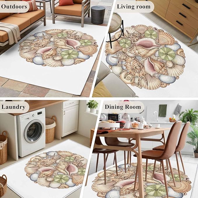 Area Rug 4x6ft, Coastal Colorful Shell Conch Washable Rugs for Living Room Bedroom, Modern Abstract Art Soft Non-Slip Area Rugs Rectangle Floor Carpet for Dining Room