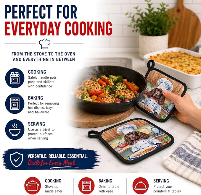 Caroline's Treasures Boykin Spaniel The Chef Pair of Pot Holders Kitchen Heat Resistant Pot Holders Sets Oven Hot Pads for Cooking Baking BBQ, 7 1/2 x 7 1/2