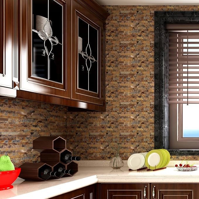 Yipscazo Peel and Stick Stone Metal Backsplash, Stick on Tiles for Backsplash Kitchen (Brown Stone Rock, 10-Pack)