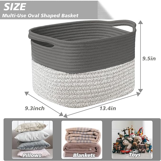 Woven Storage Basket, Cotton Rope Closet Organizers Bins for Clothes Blanket Towels, Stylish Gift Baskets with Handles, 13.4 x 9.3 x 9.5 in, Grey and Dark Gray (Pack of 1)