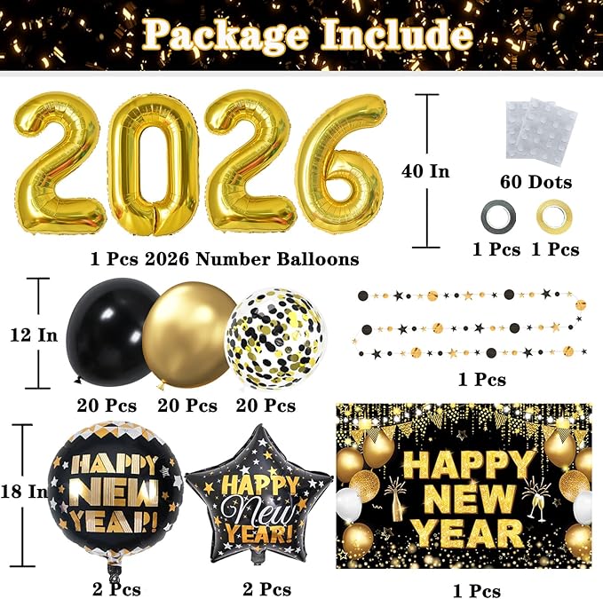 KALOR New Years Eve Party Supplies 2026 Set, 70 Pack - Gold and Black New Year Banner, Gold 2026 Number Balloons Backdrop 2026 for New Year Eve Decorations