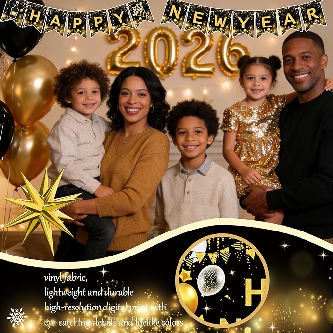 2026 New Year's Eve Party Decorations, Happy New Year Party Supplies Indoor Kit, 2026 Black Gold New Year Eve Party Decorations with Balloon Garland Banner Backdrop Foil Balloon Cake Cupcake Toppers