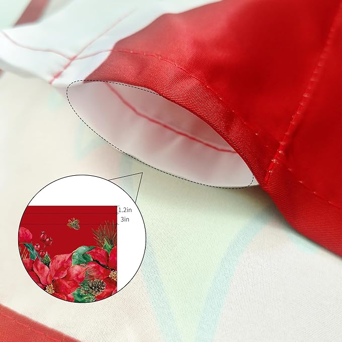 Christmas Poinsettia Curtain Valances Set of 3 Panels,Red,White&Green Rod Pocket,Festive Decor for Kitchen Bedroom, Bathroom,Laundry,52x18 Inch + 2x36x26 Inch